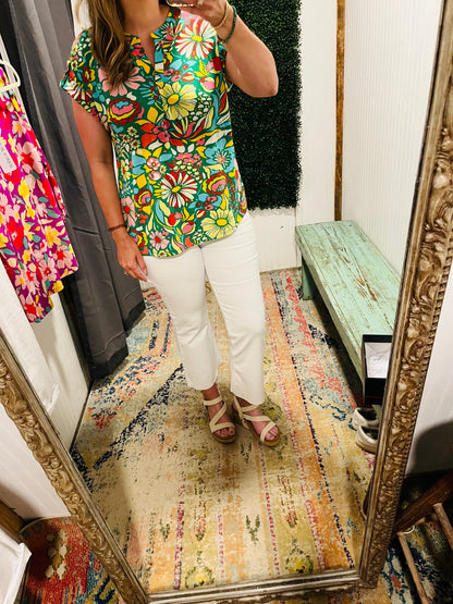 Green Floral Short Sleeve Top