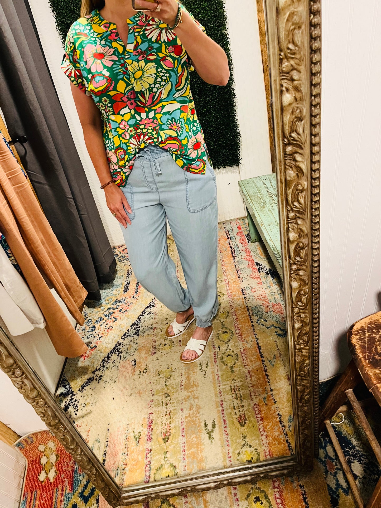 Green Floral Short Sleeve Top