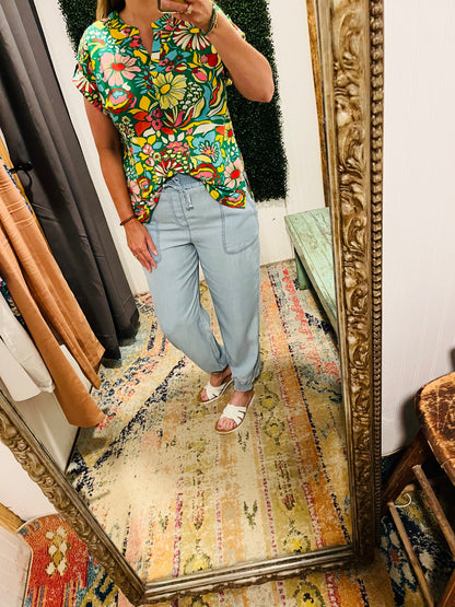 Green Floral Short Sleeve Top