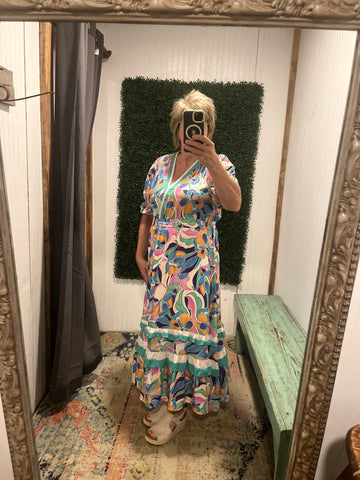Green Retro Floral Tiered Midi Dress