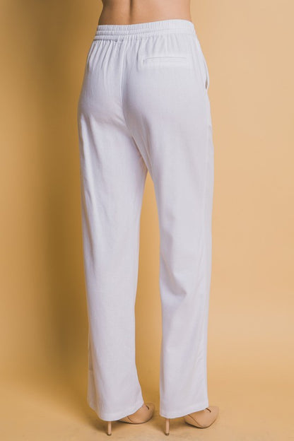 White Drawstring Waist Linen Pants