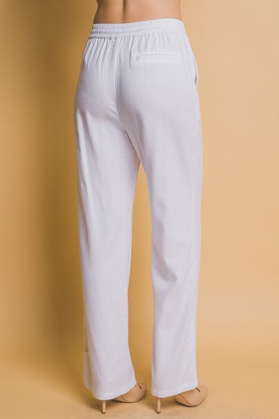 White Drawstring Waist Linen Pants