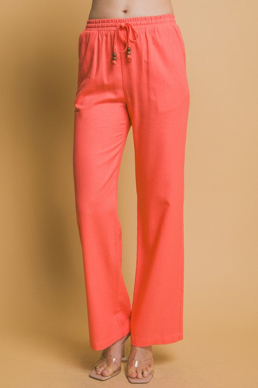 Coral Drawstring Waist Linen Pants