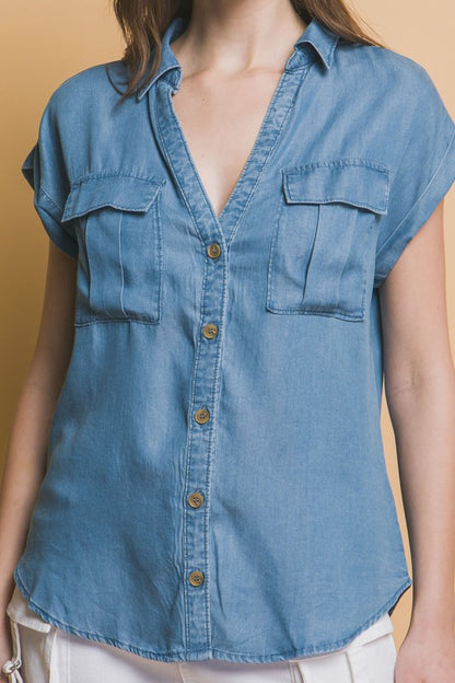 Denim Blue Button Short Sleeve Top
