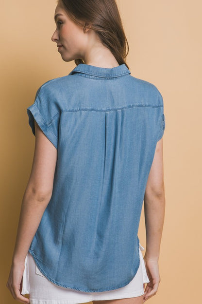 Denim Blue Button Short Sleeve Top