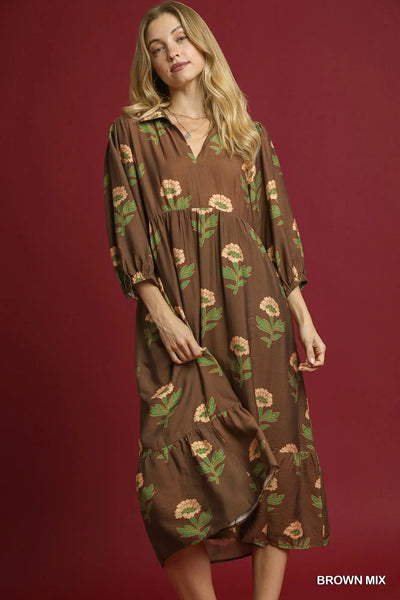 Brown & Green Flower Maxi Dress
