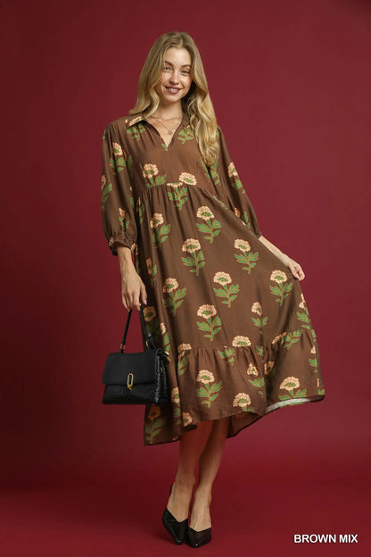 Brown & Green Flower Maxi Dress