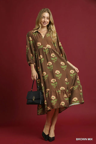 Brown & Green Flower Maxi Dress