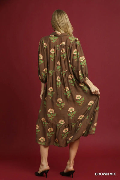 Brown & Green Flower Maxi Dress