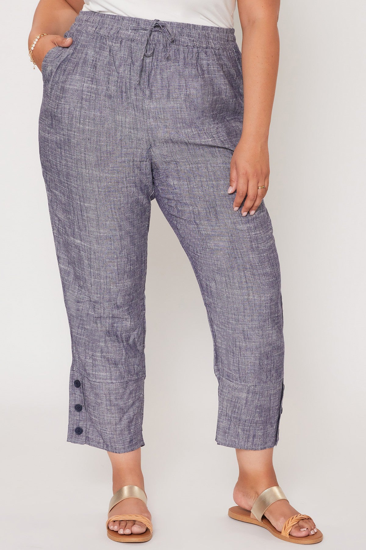 Navy Linen Button Hem Pants - Plus