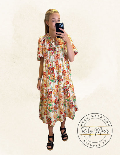 Cream Floral Midi Dress