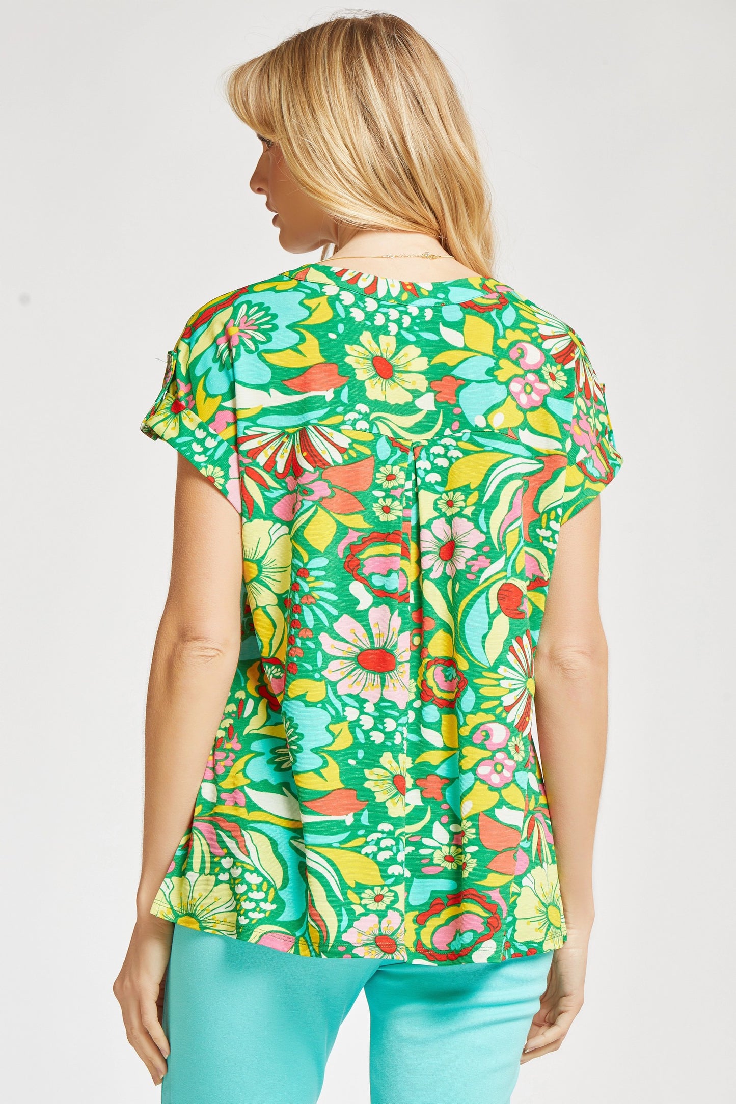 Green Floral Short Sleeve Top