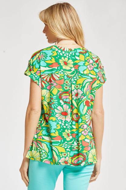 Green Floral Short Sleeve Top