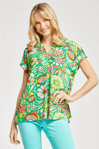 Green Floral Short Sleeve Top