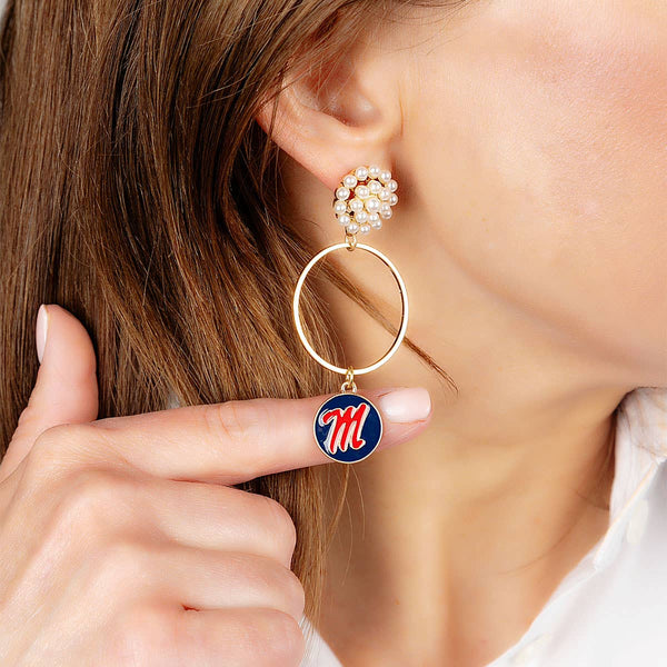 Ole Miss Rebels Pearl Cluster Enamel Hoop Earrings