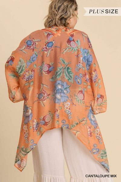 Coral Embroidered Floral Kimono- Plus