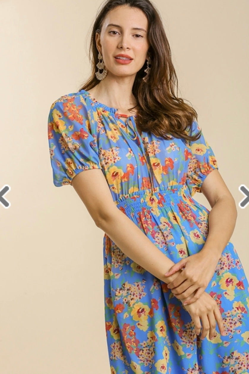 Blue Mix Floral MIDI Dress