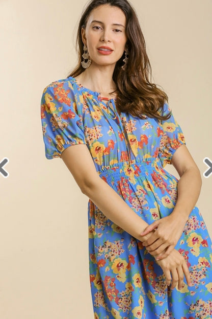 Blue Mix Floral MIDI Dress
