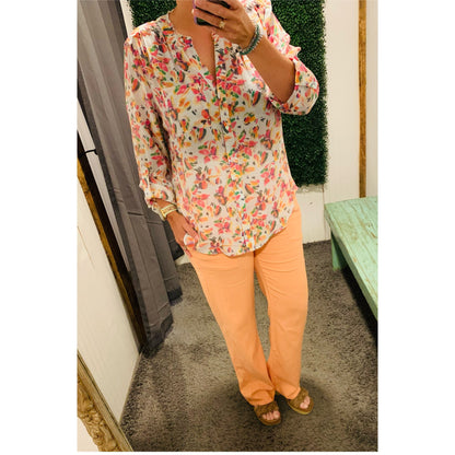 Coral Linen Elastic Waist Pants