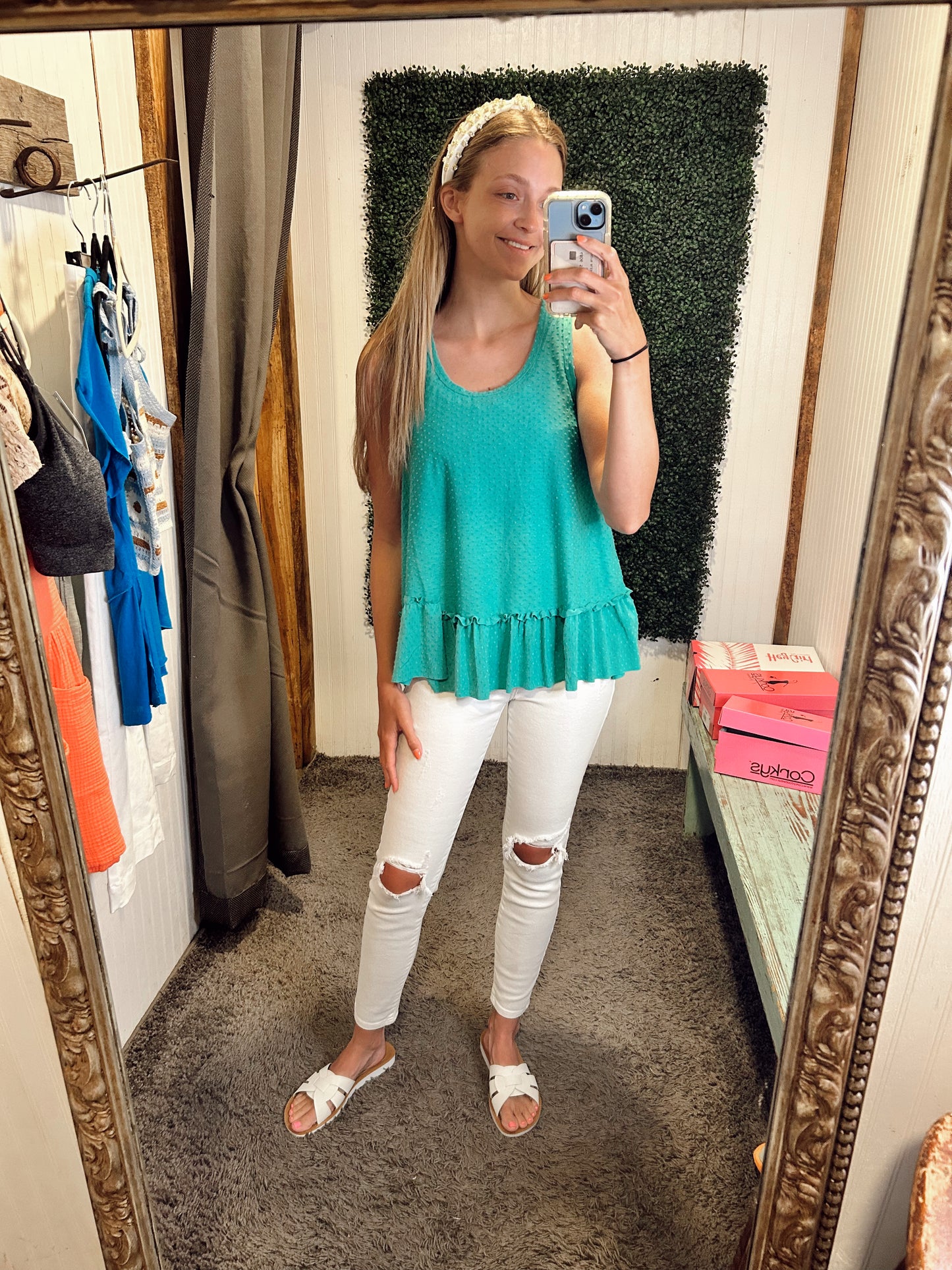 Sleeveless Dotted Swiss Ruffle Hem Top