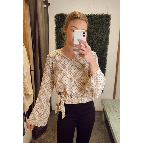Beige Printed Top with Waist Tie