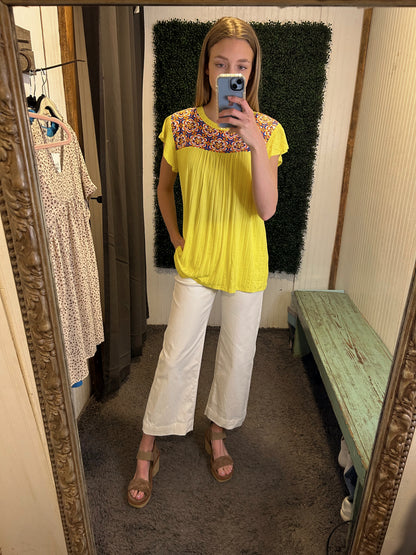 Neon Yellow Daisy Flower Yoke Rib Knit Top