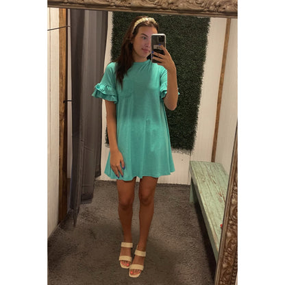 Green French Terry Ruffle Pocket Tee Shirt Dress
