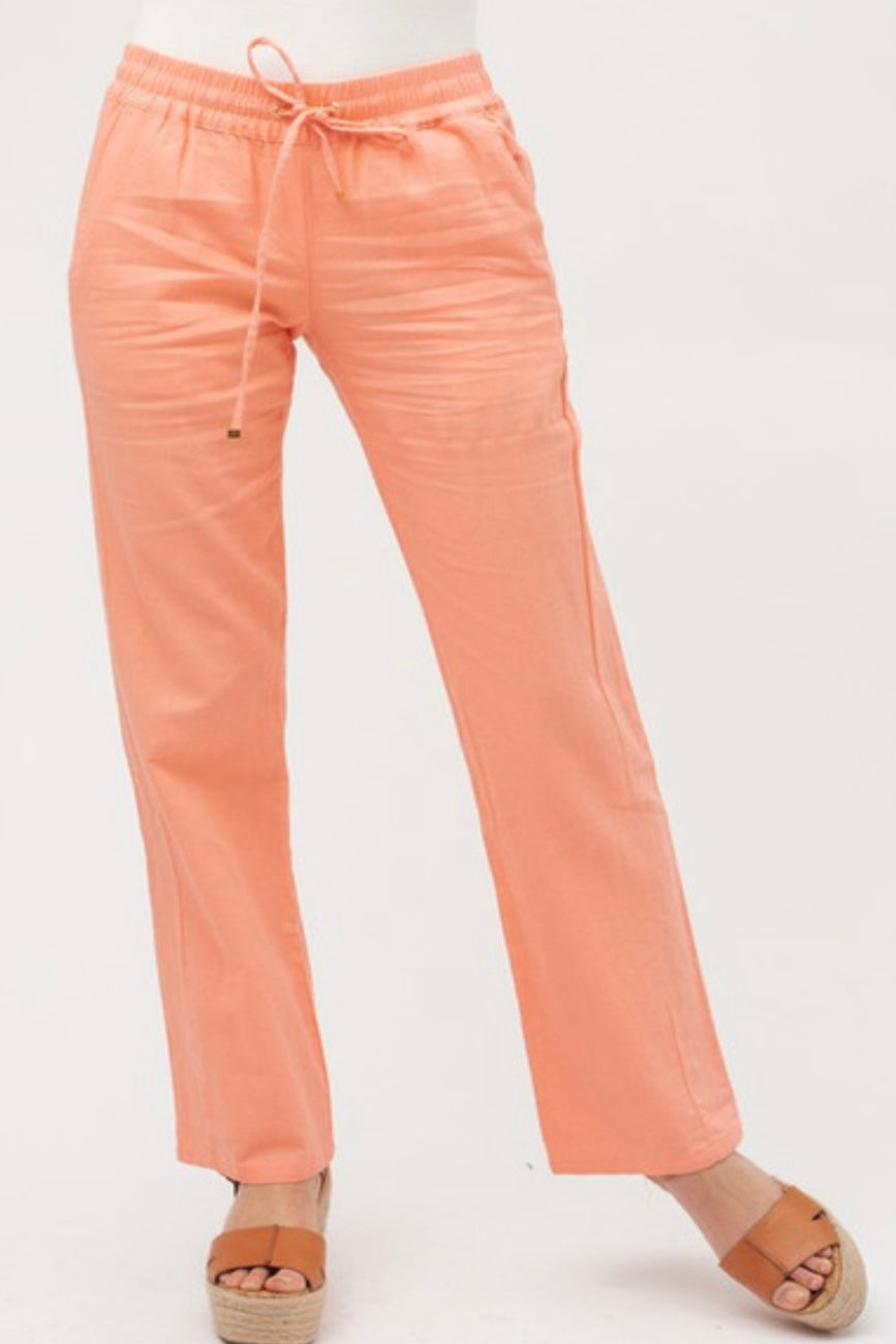 Coral Linen Elastic Waist Pants