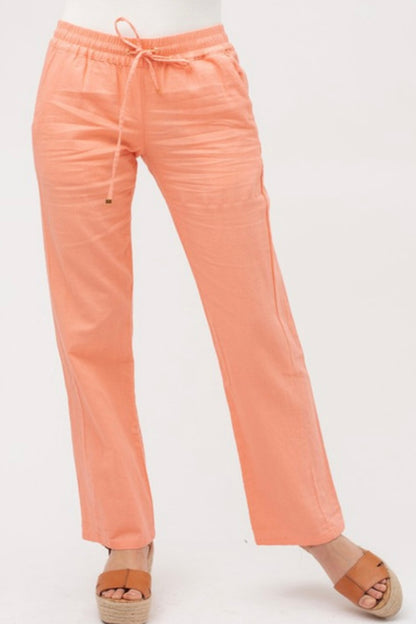 Coral Linen Elastic Waist Pants