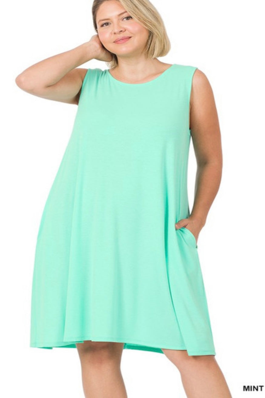 Mint Sleeveless Swing Dress-Plus
