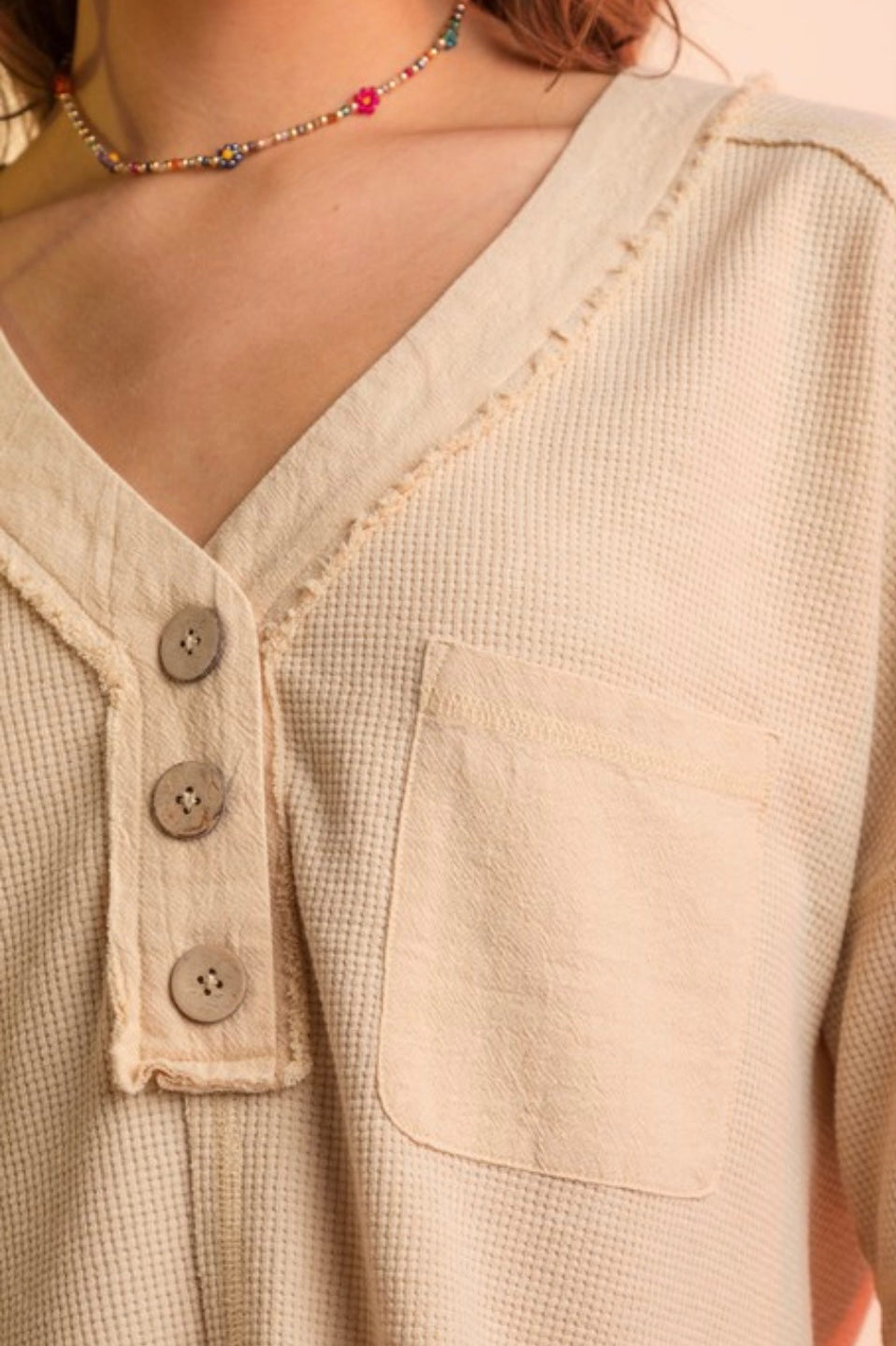 Woven Contrast Washed V Neck Top- Plus Size