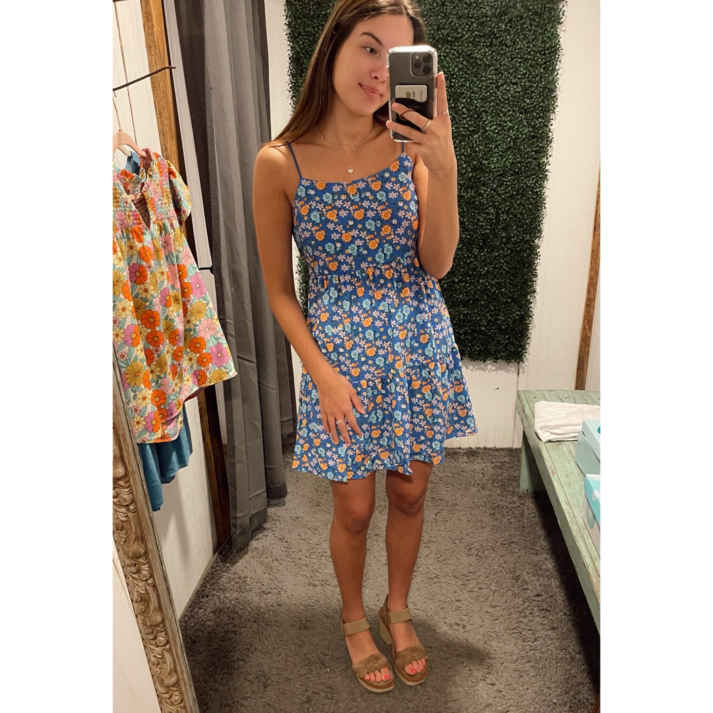 Blue Floral Print Babydoll Dress
