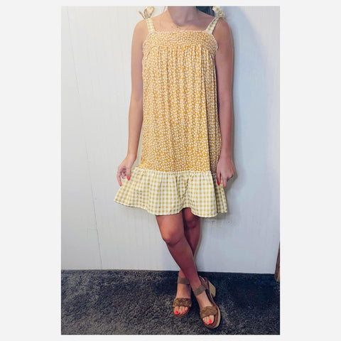 Yellow Floral Tie Shoulder Dress