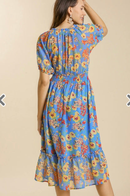 Blue Mix Floral MIDI Dress
