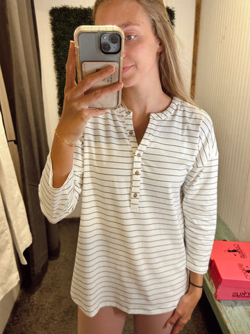 3/4 Sleeve Pin Stripe Henley Knit Top