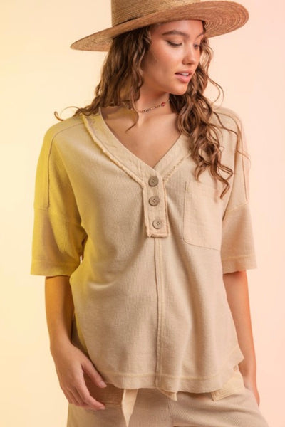 Cream Woven Contrast Washed V Neck Top