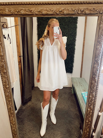 White Ruffle Sleeve Split Neck Dress
