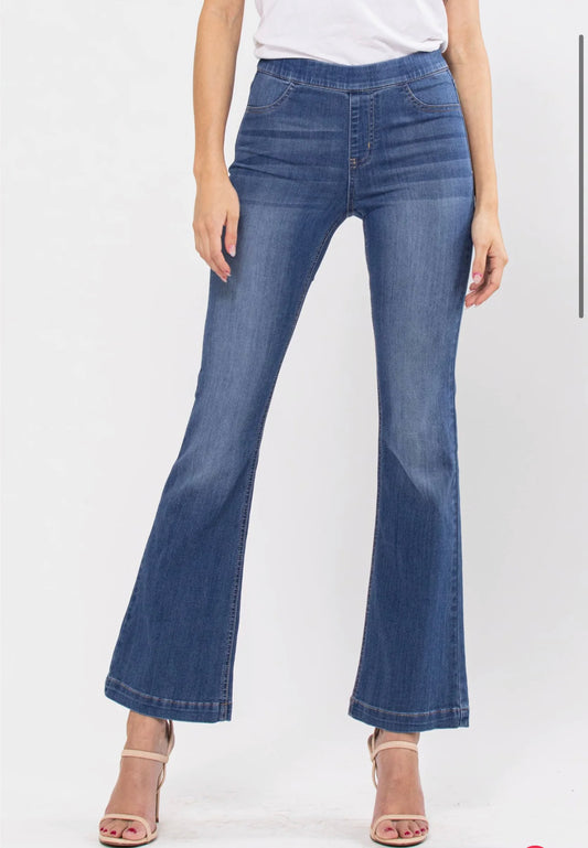 Cello Pull On Flares Medium Denim Jeans - Petite