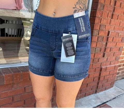 Dark Denim Pull On Slimming Shorts