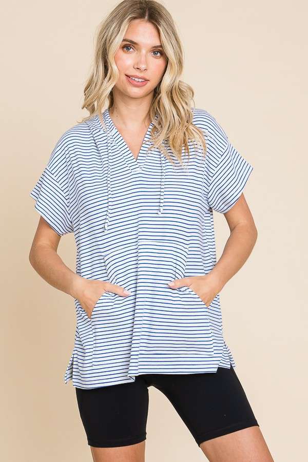Oversize Short Sleeve Striped Hoodie Top- Plus