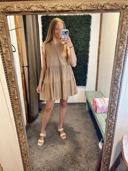 Solid Linen Ruffle Sleeve Tiered Dress