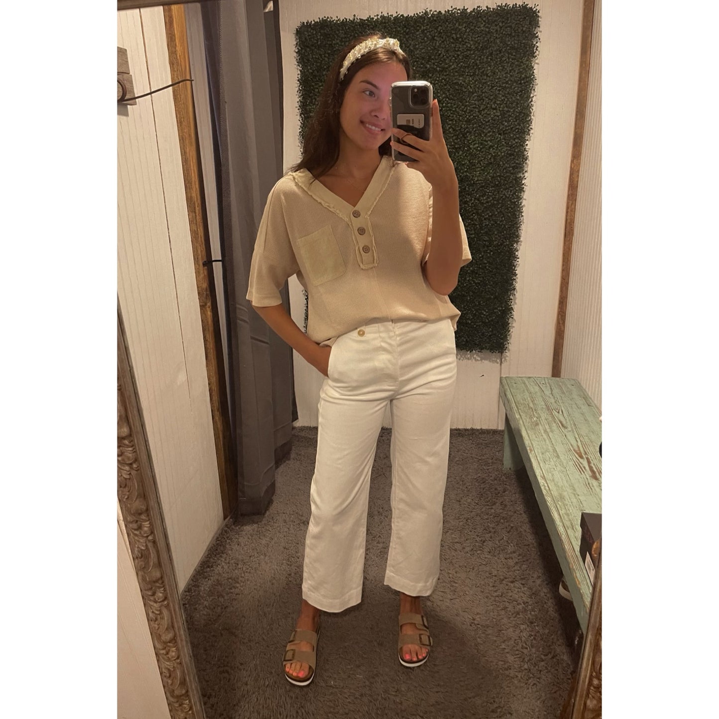 Cream Woven Contrast Washed V Neck Top