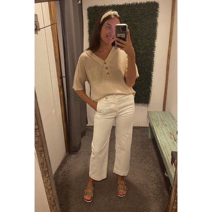 Cream Woven Contrast Washed V Neck Top