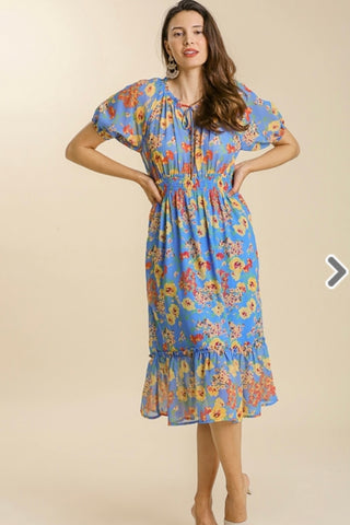 Blue Mix Floral MIDI Dress
