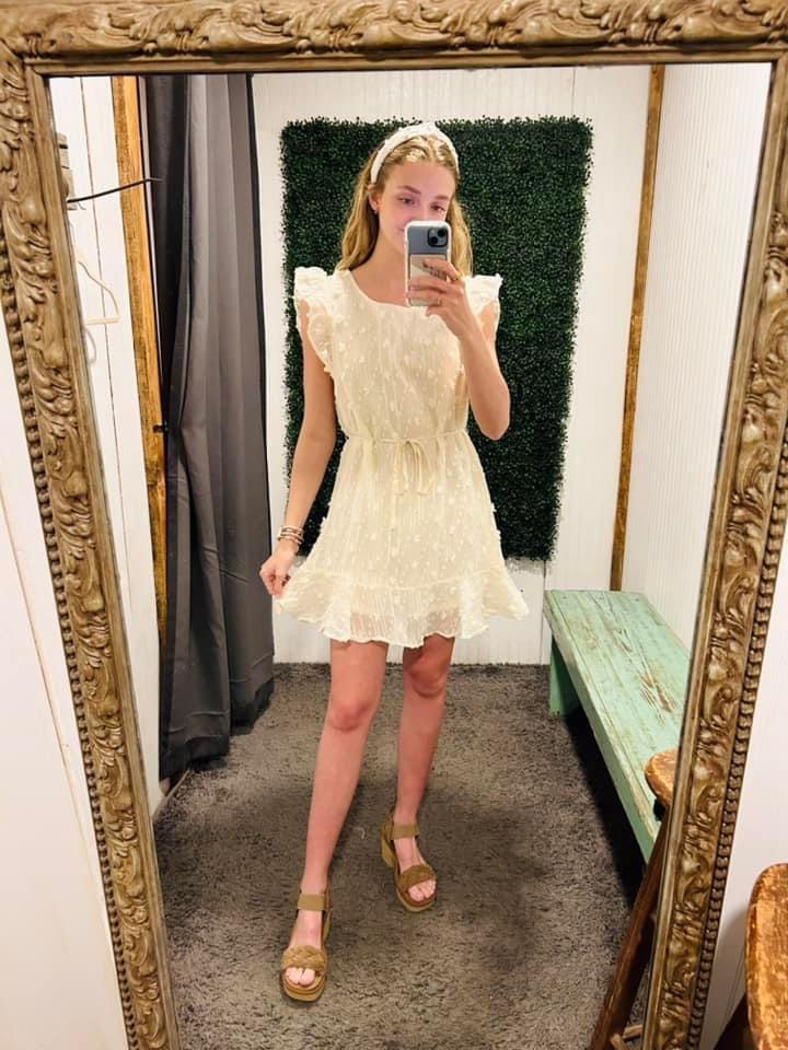 Cream Swiss Dot Ruffle Sleeve Dress