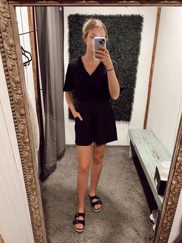 Drop Shoulder V-Neck Romper with Pockets