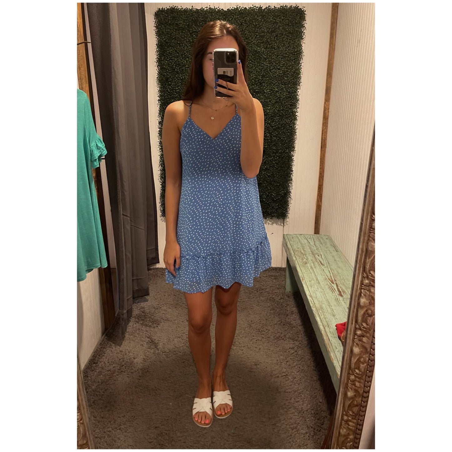 Blue Spotted Braided Strap Ruffle Mini Dress