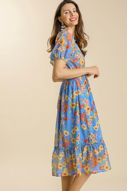 Blue Mix Floral MIDI Dress