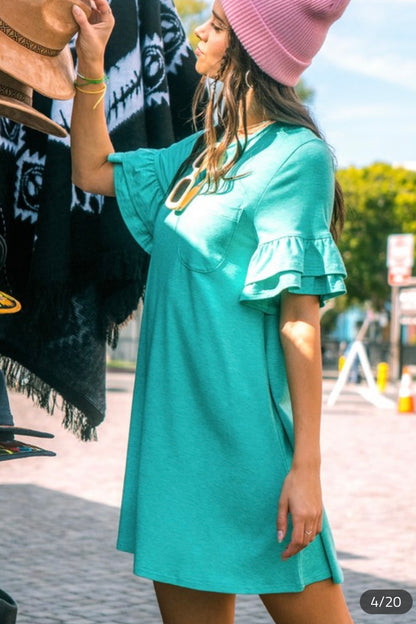 Green French Terry Ruffle Pocket Tee Shirt Dress