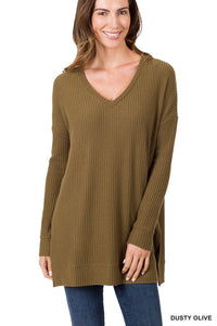 Dusty Olive Thermal Waffle Long Sleeve V-Neck Sweater Top
